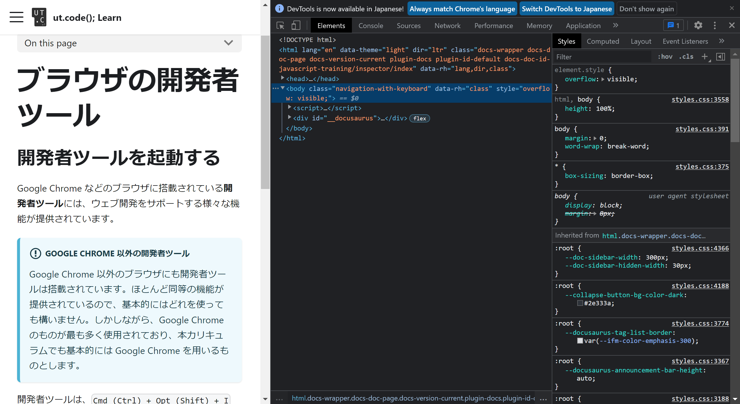 開発者ツールを起動した様子